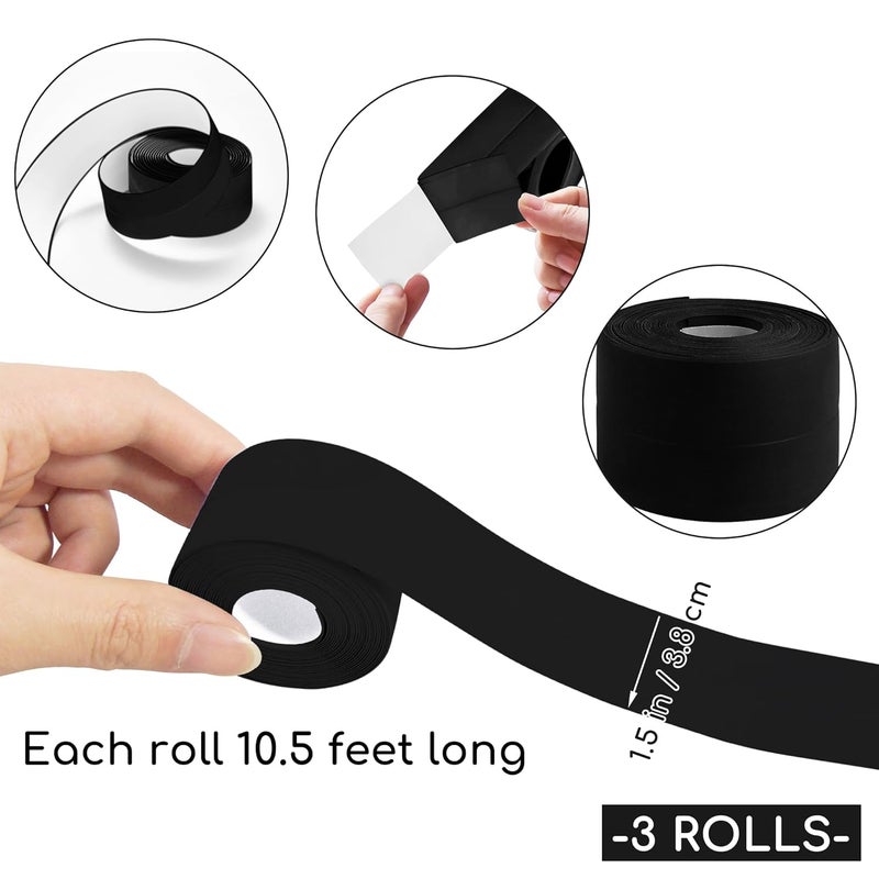 BHUCUTU 3 Rolls 1.5 Inch Caulk Tape Self Adhesive Toilet Caulking Strip Bathroom Sealing Caulk Strip Peel and Stick Bathtub Caulking Tape, 10.5 Feet Each Roll (Black) - Image 2